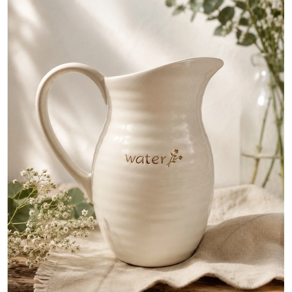 Pottery Barn Garden Salad Water Pitcher Cream Stoneware Ribbed Farmhouse 8.75in